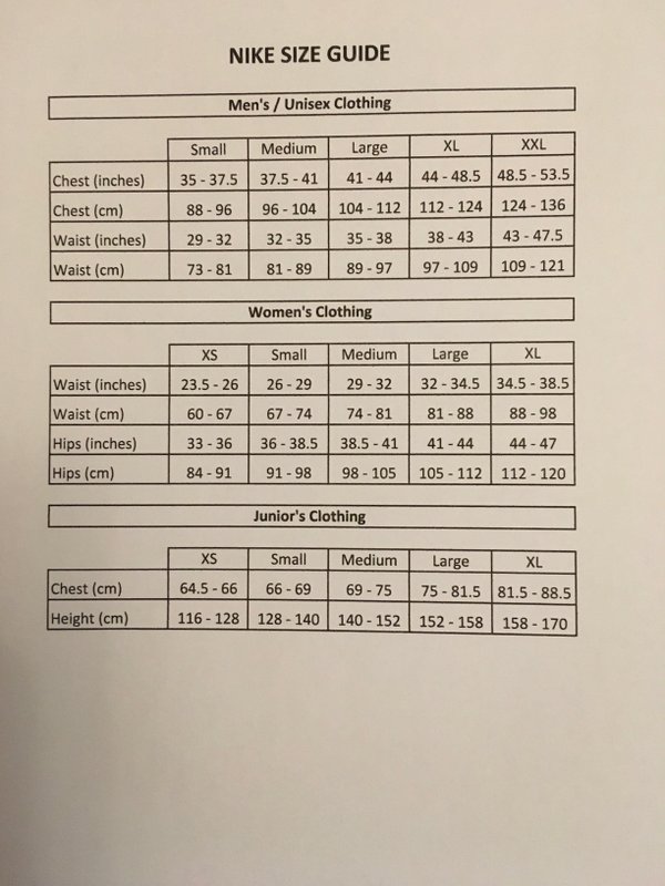 Sportswear Size Charts – Elite Sports