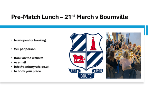 Matchday Lunch on 21st March 2026 v Bournville