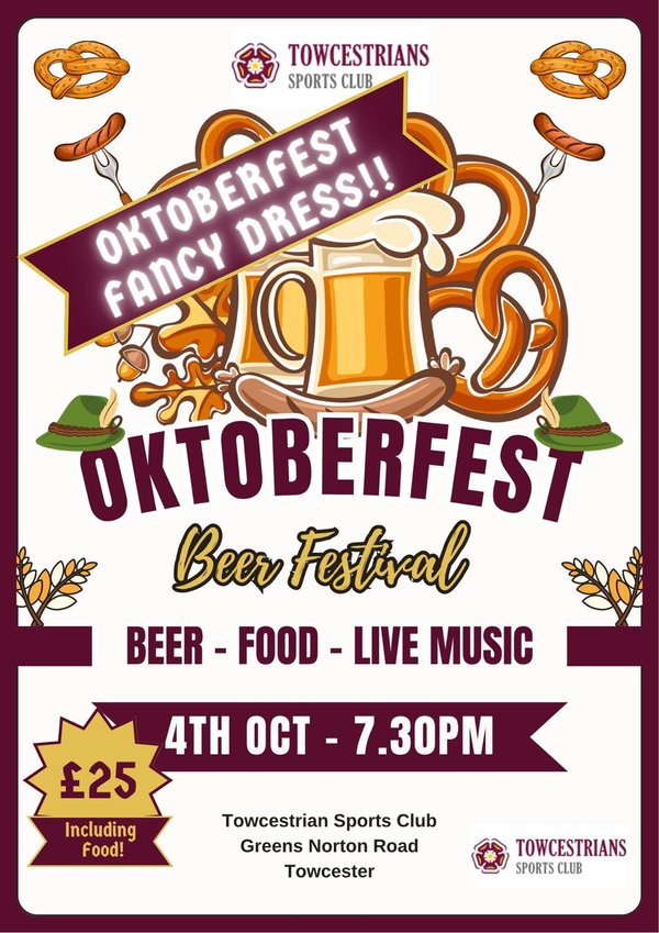 Oktoberfest is coming to Towcestrians - Saturday 4th October 7.30pm