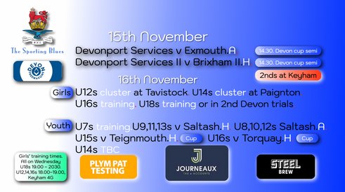 Fixtures for W/E 15/16th November. 2nds now at Keyham. Click here for 1sts and 2nds team sheets.