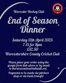 End of season dinner on Saturday 12th April