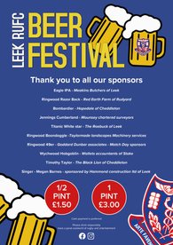 LEEK RUGBY CLUB BEER FESTIVAL FURTHER UPDATE!