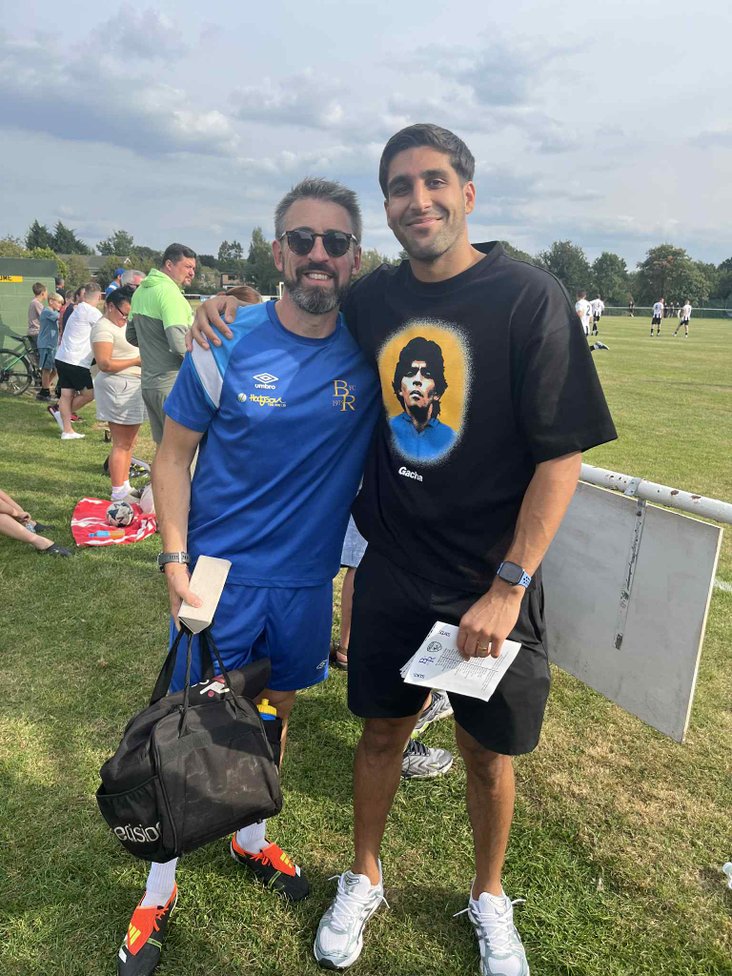 Burscough coach Lee McNab with former player Raj Singh Uppal, now at Euxton Villa
