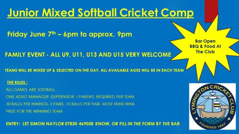 Junior Mixed Age Group Softball Comp - Friday 7th June 6pm