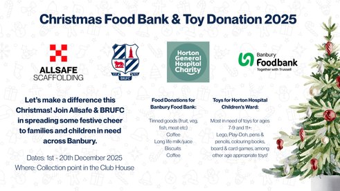 Banbury RUFC Launches Christmas Food Bank & Toy Donation Drive with Allsafe Scaffolding