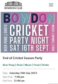 Cricket Club end of season party - Sat 16th September