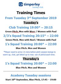 Don't Forget Training Times and Groups change from tonight (3rd September)